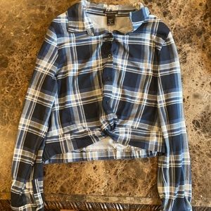 Blue, plaid flannel with knot and elastic bottom